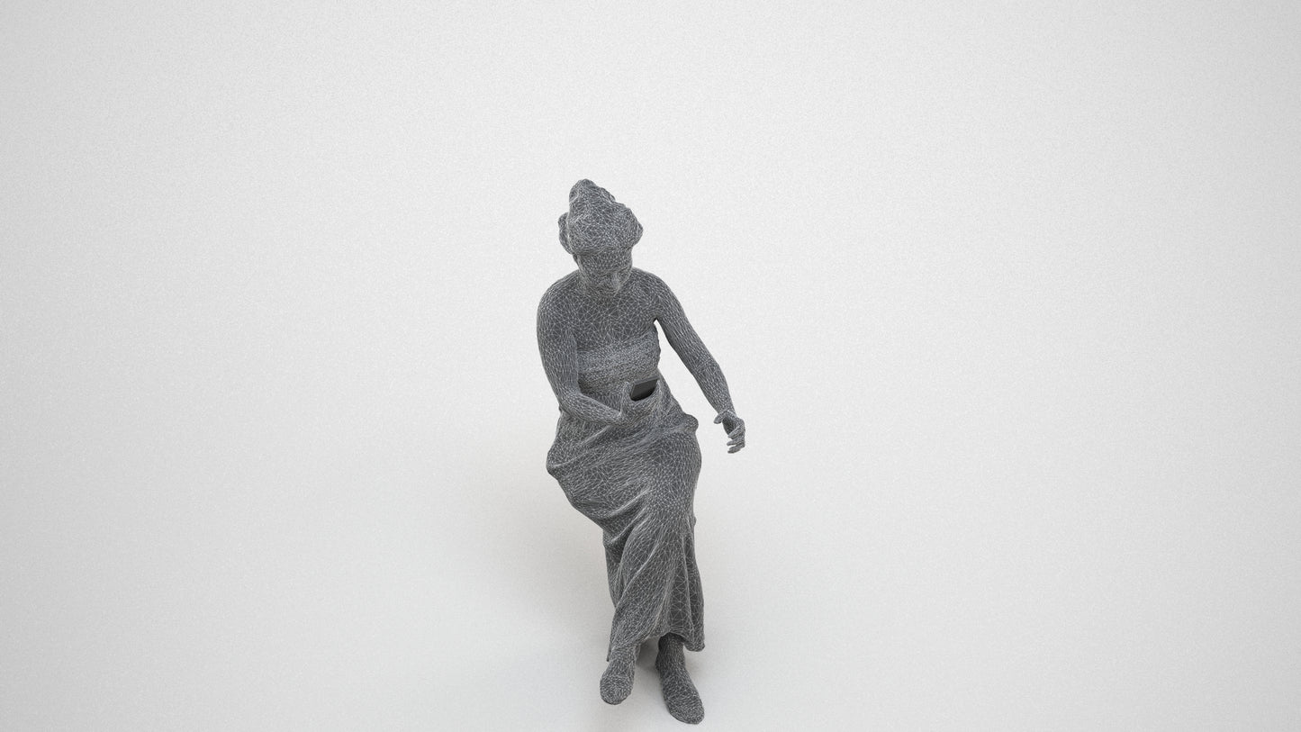 realistic 3D human woman casual sitting, archviz people FBX OBJ for Blender, wireframe three-quarter view