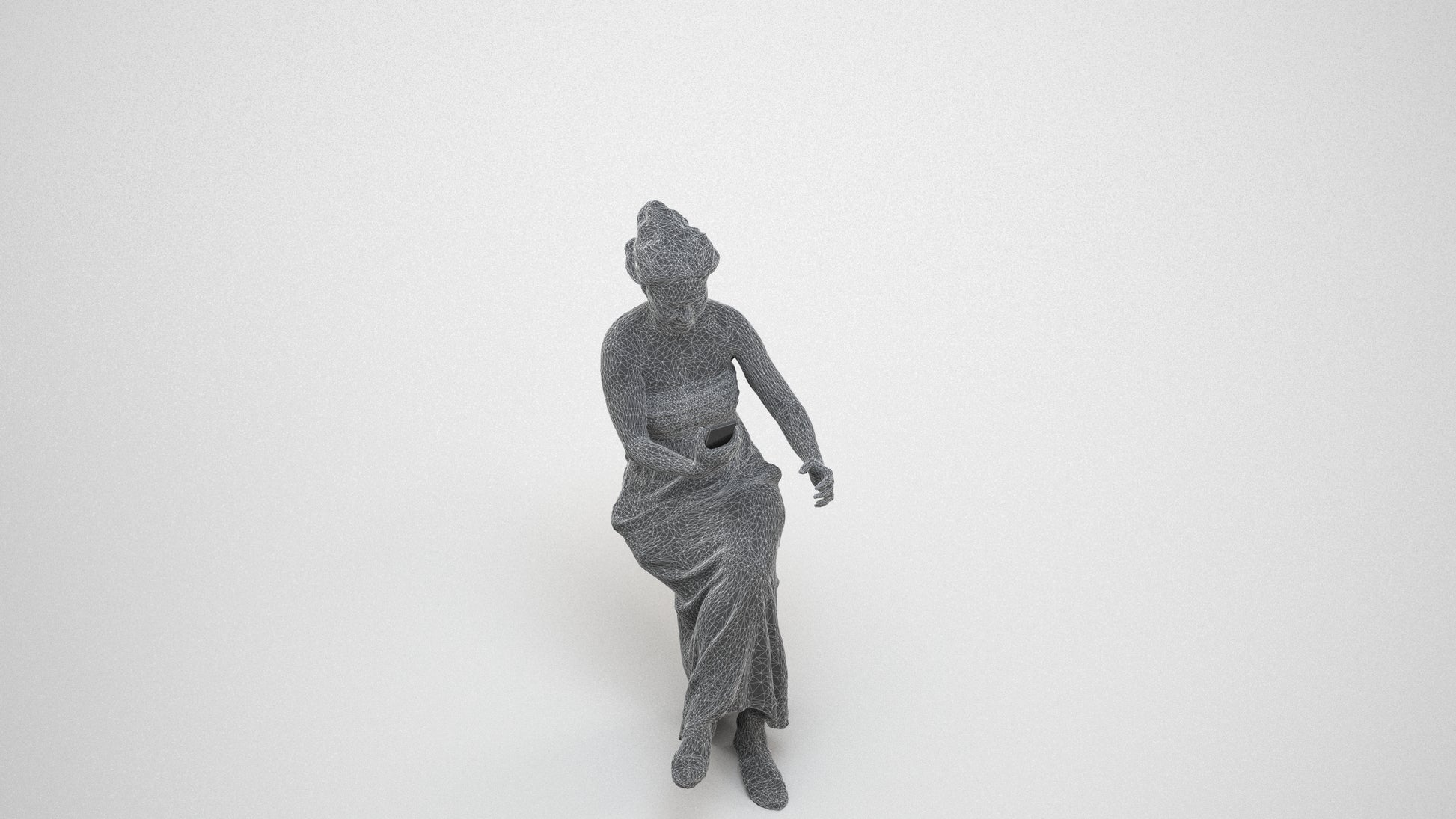realistic 3D human woman casual sitting, archviz people FBX OBJ for Blender, wireframe three-quarter view
