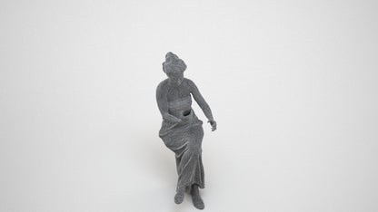 realistic 3D human woman casual sitting, archviz people FBX OBJ for Blender, wireframe three-quarter view