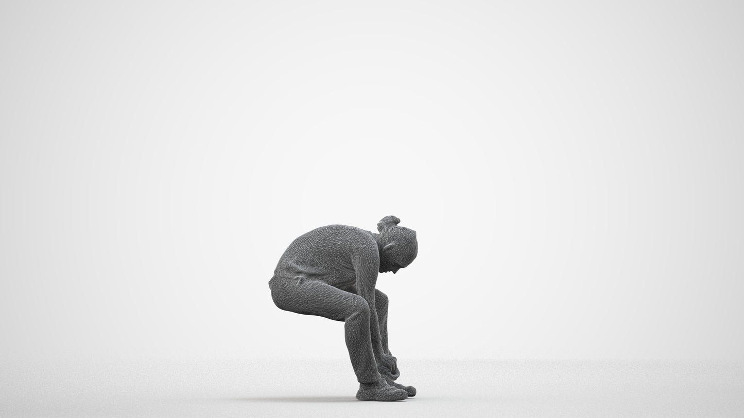 3D scanned man sitting casual, photorealistic archviz people for Enscape and SketchUp, wireframe side view