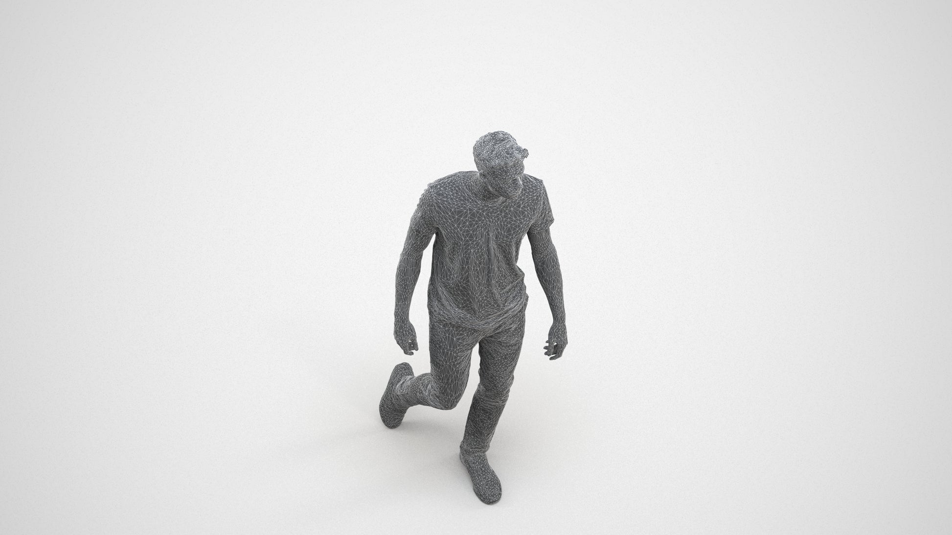 3D human model man casual walking, photogrammetry scanned person for archviz, wireframe three-quarter view