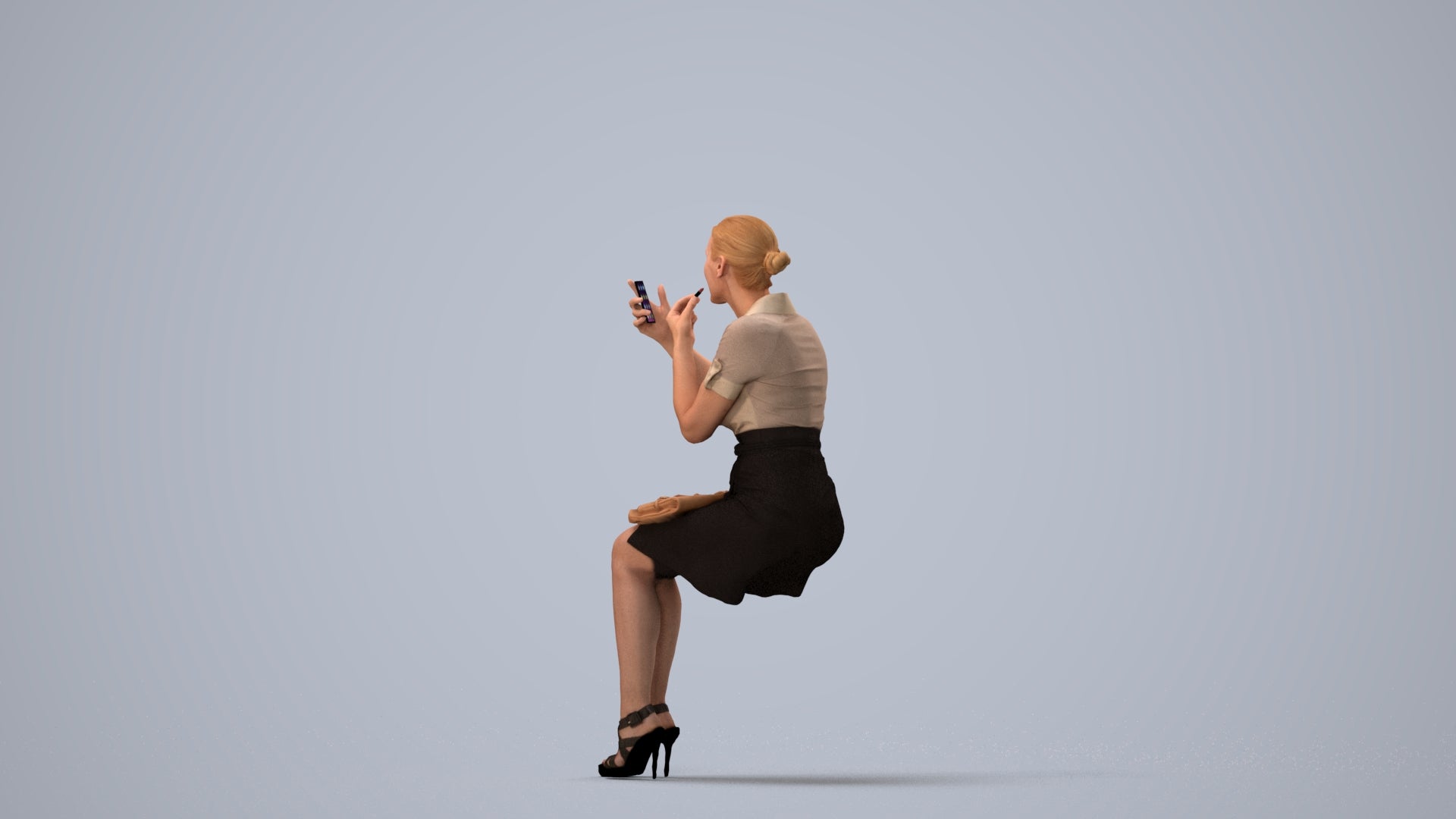 3D human model woman casual sitting, photogrammetry scanned person for archviz, three-quarter view render