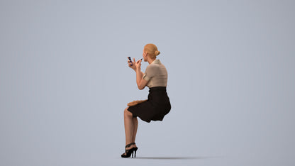 3D human model woman casual sitting, photogrammetry scanned person for archviz, three-quarter view render