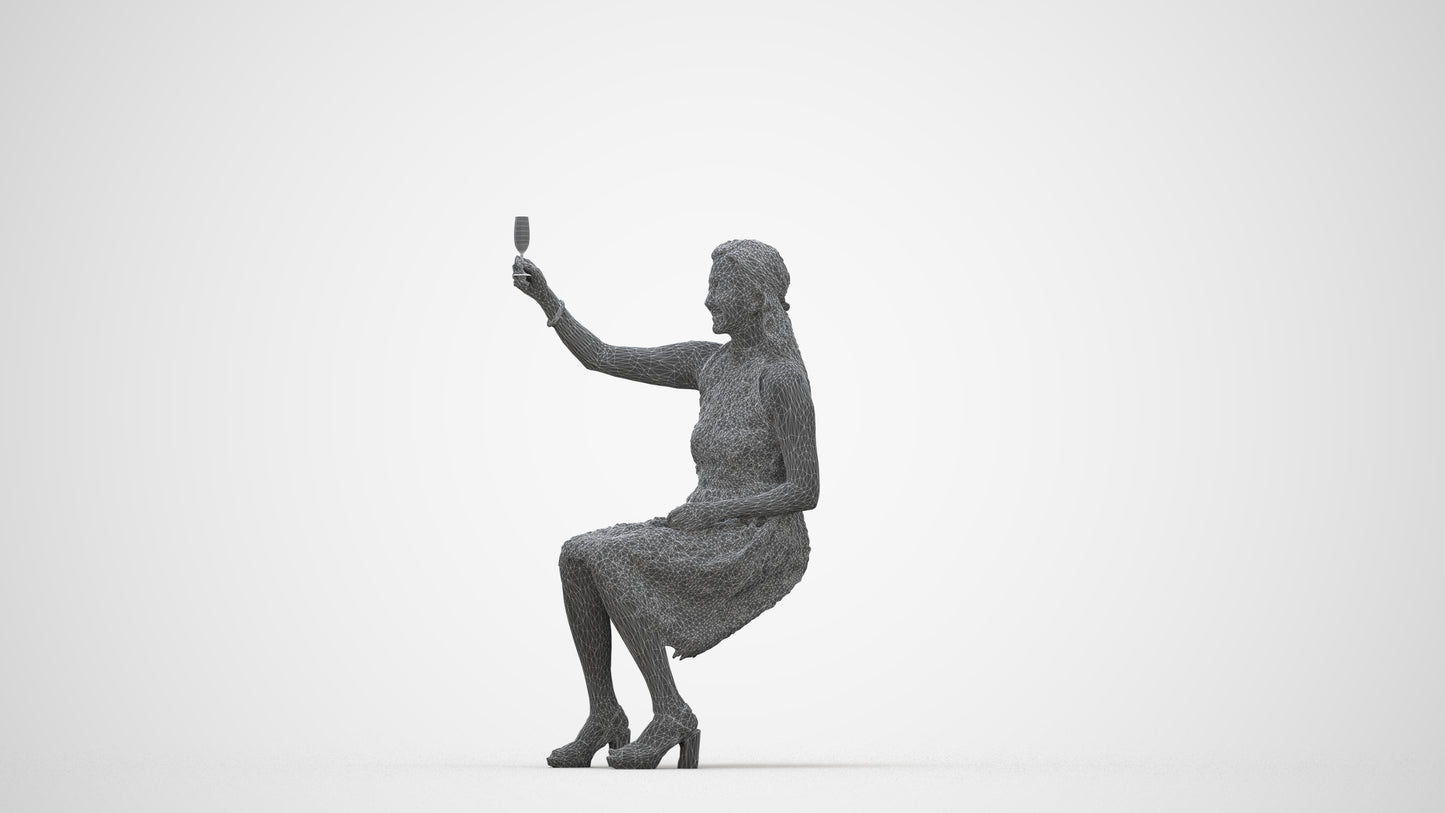 realistic 3D woman formal sitting, scanned archviz people for Blender and 3ds Max, wireframe back view