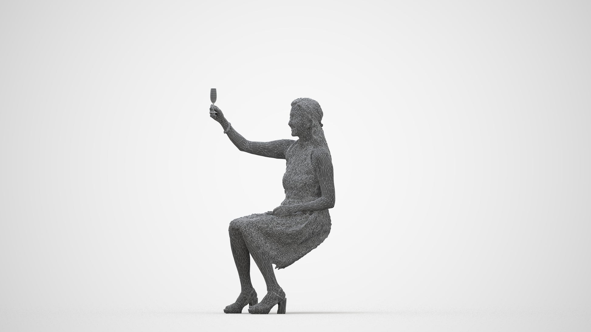 realistic 3D woman formal sitting, scanned archviz people for Blender and 3ds Max, wireframe back view