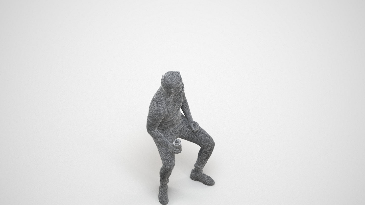 realistic 3D man casual sitting, scanned archviz people for Blender and 3ds Max, wireframe three-quarter view
