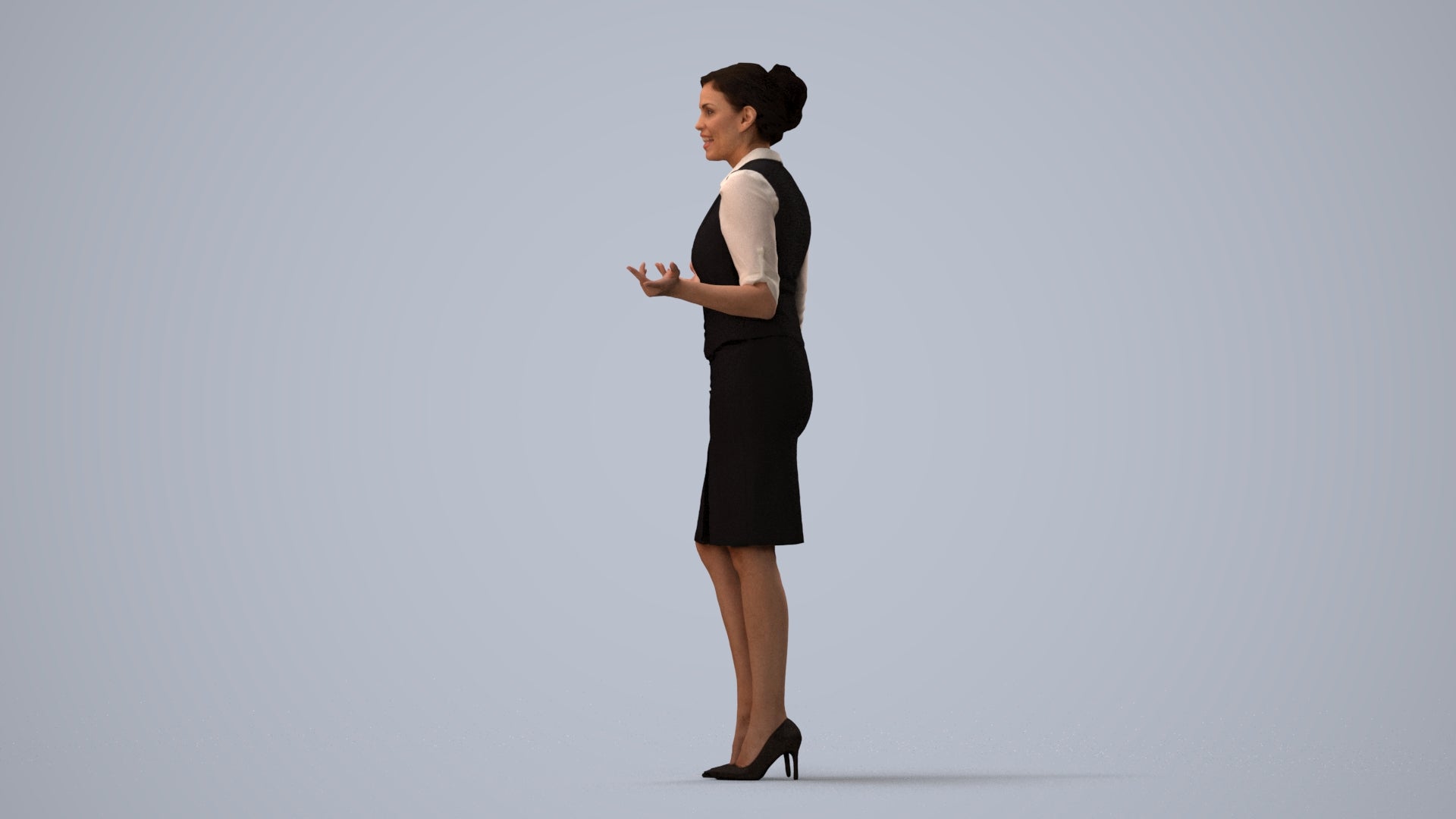 realistic 3D woman hospitality, scanned archviz people for Blender and 3ds Max, three-quarter view render