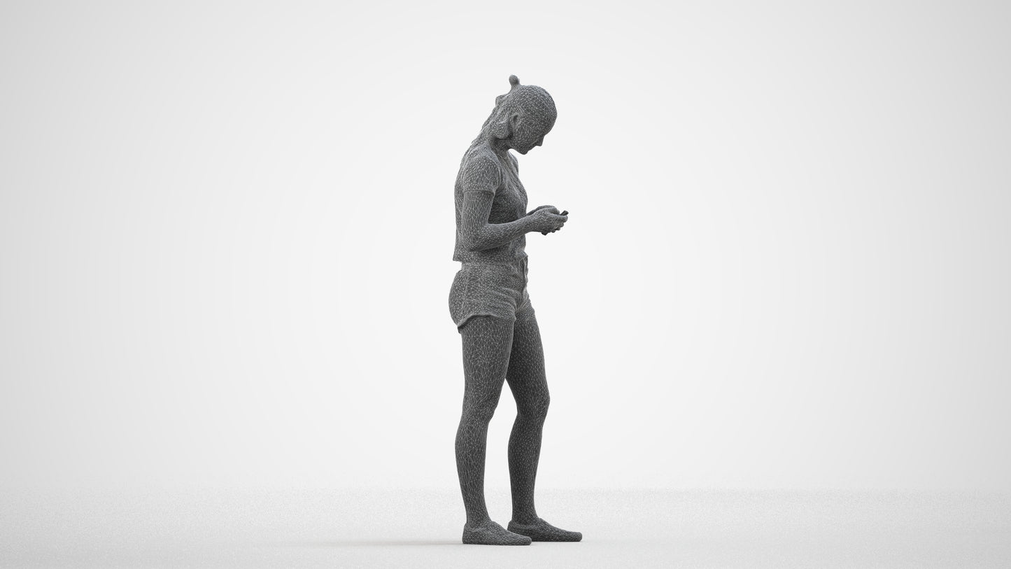 3D people model girl casual standing, scanned human for 3ds Max rendering, wireframe side view