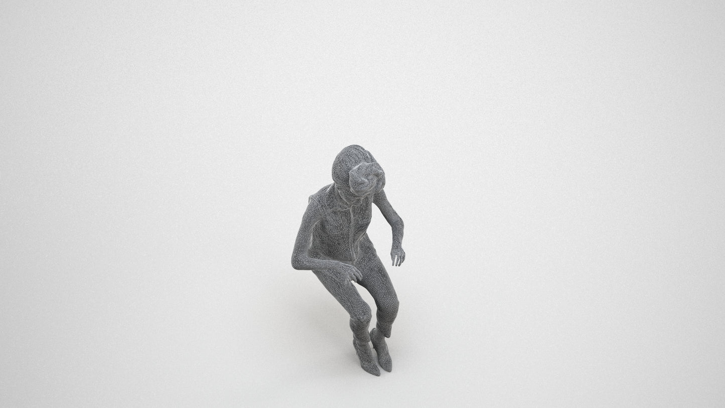 scanned 3D woman casual sitting, photogrammetry people for Enscape and V-Ray, wireframe three-quarter view
