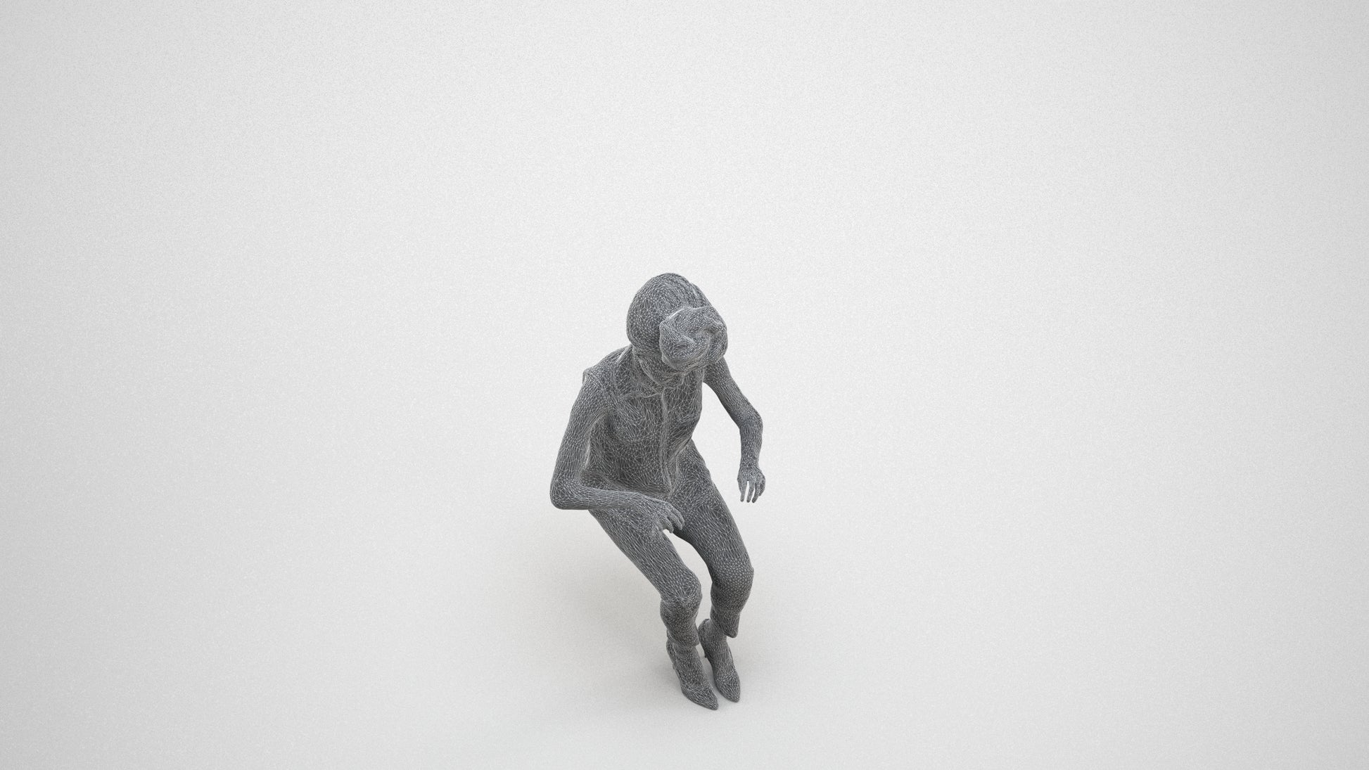 scanned 3D woman casual sitting, photogrammetry people for Enscape and V-Ray, wireframe three-quarter view