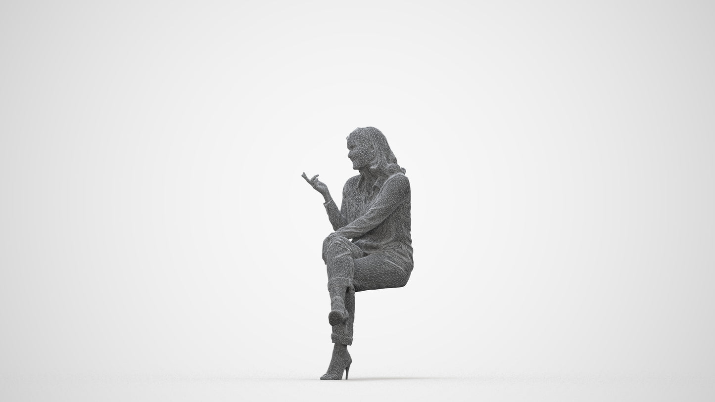 realistic 3D people woman casual sitting, render-ready for V-Ray and Corona, FBX OBJ, wireframe back view
