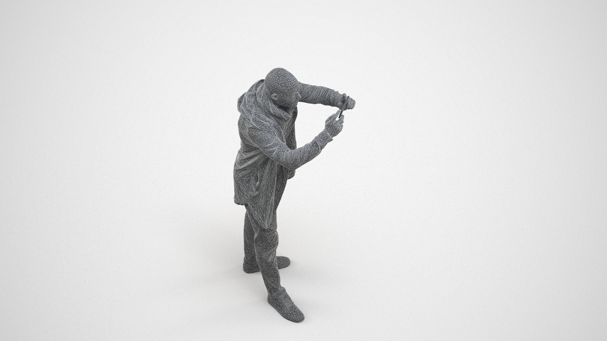 realistic 3D human man casual standing, archviz people FBX OBJ for Blender, wireframe three-quarter view