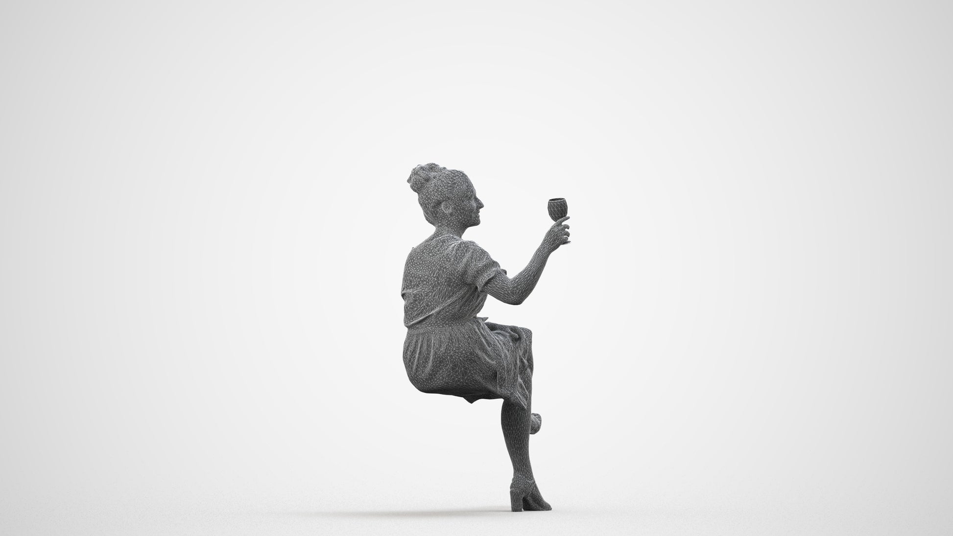 3D people model woman casual sitting, scanned human for 3ds Max rendering, wireframe side view