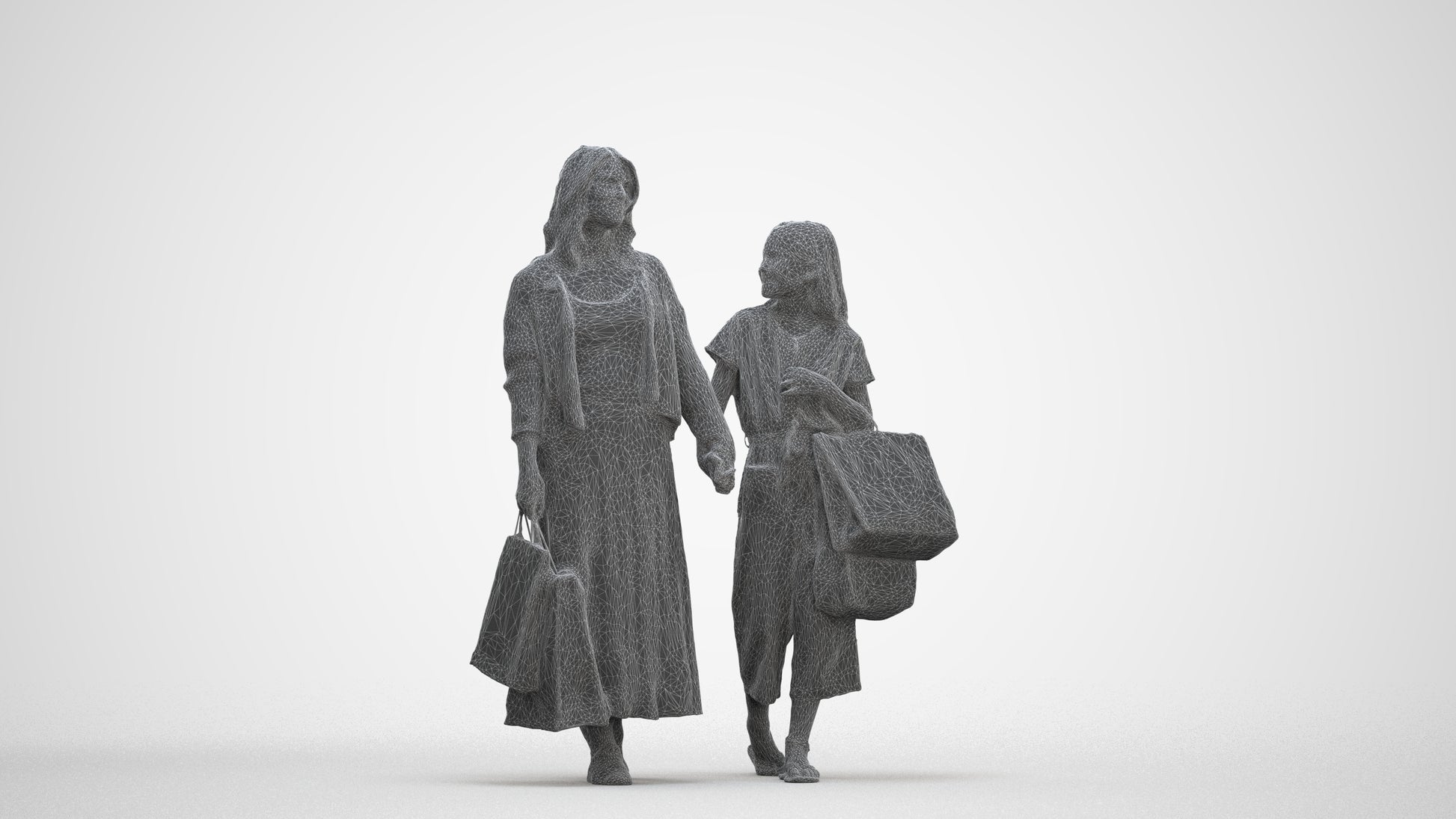 3D human model girl casual shopping, photogrammetry scanned person for archviz, three-quarter front view render