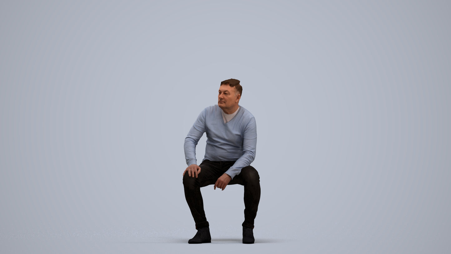3D human model man casual sitting, photogrammetry scanned person for archviz, standing pose render