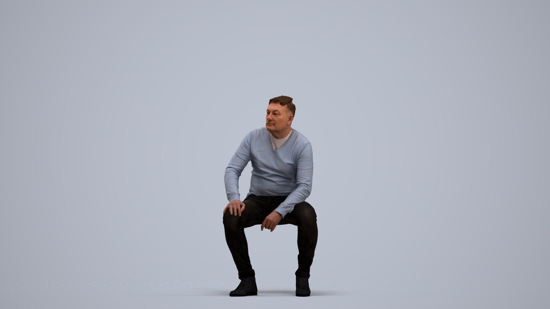 3D human model man casual sitting, photogrammetry scanned person for archviz, standing pose render