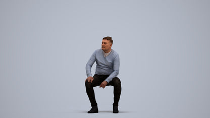 3D human model man casual sitting, photogrammetry scanned person for archviz, standing pose render