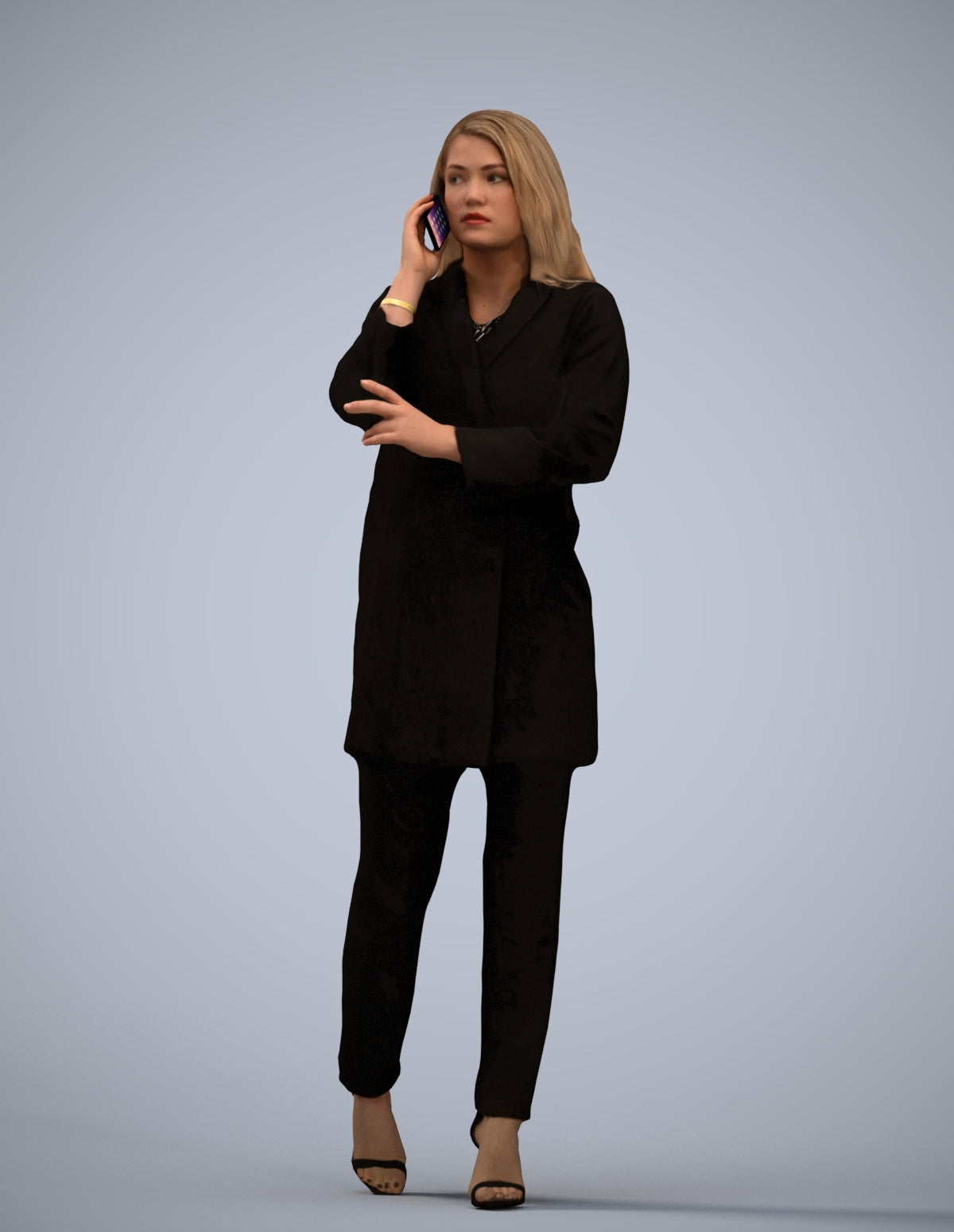 3D human model woman business walking, photogrammetry scanned person for archviz