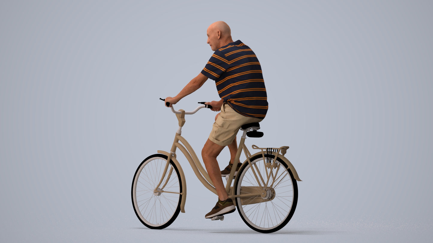 scanned 3D senior man casual cycling, photogrammetry people for Enscape and V-Ray, three-quarter view render
