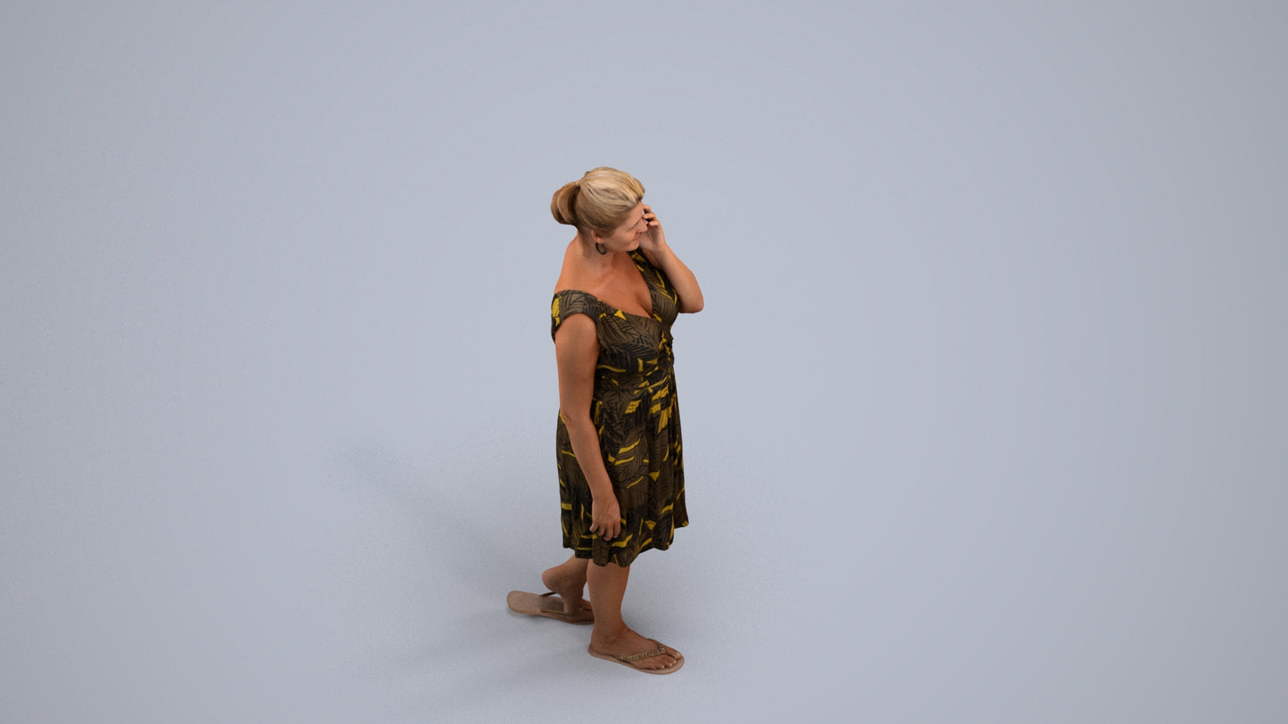 realistic 3D woman casual walking, scanned archviz people for Blender and 3ds Max, back view render