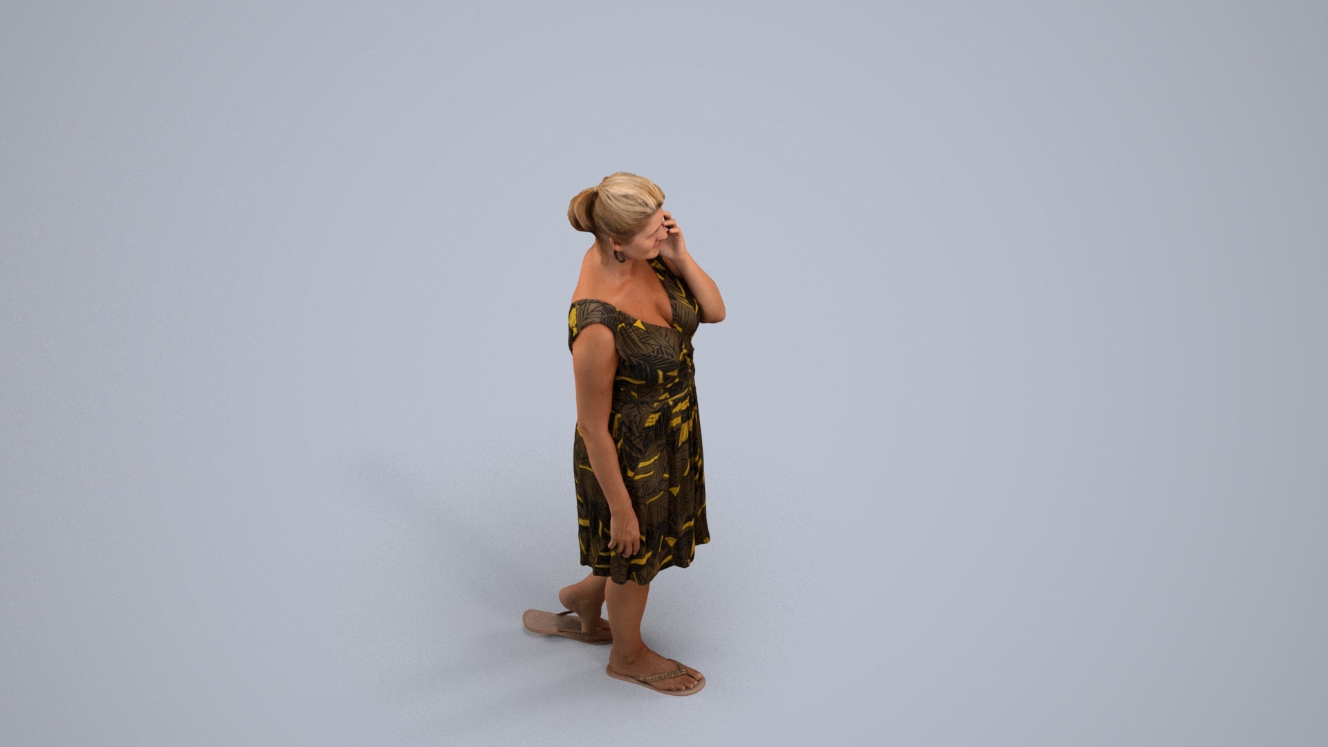realistic 3D woman casual walking, scanned archviz people for Blender and 3ds Max, back view render