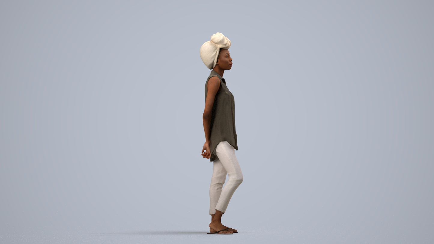 3D human model woman casual standing, photogrammetry scanned person for archviz, side view render
