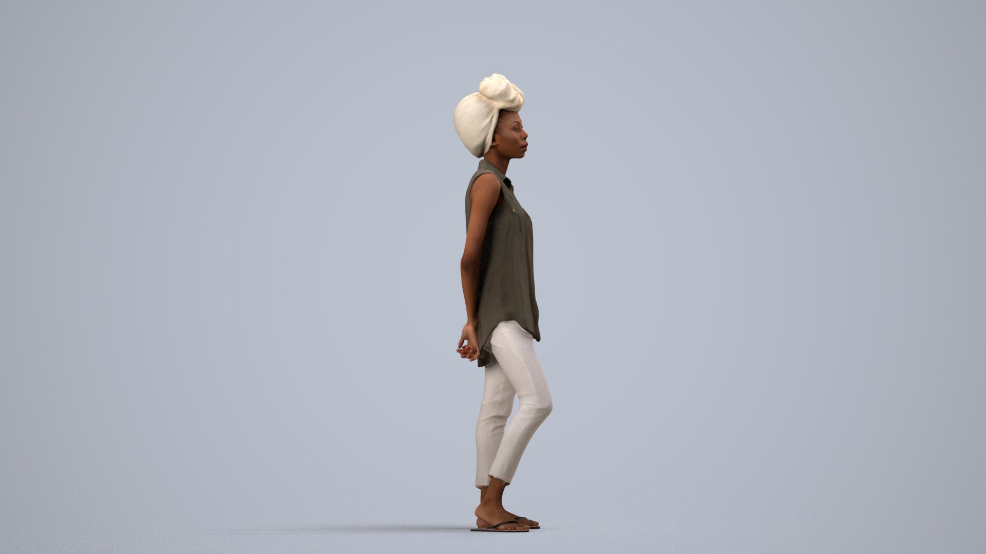 3D human model woman casual standing, photogrammetry scanned person for archviz, side view render