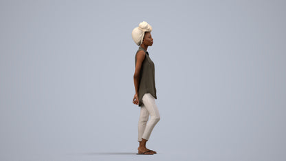 3D human model woman casual standing, photogrammetry scanned person for archviz, side view render