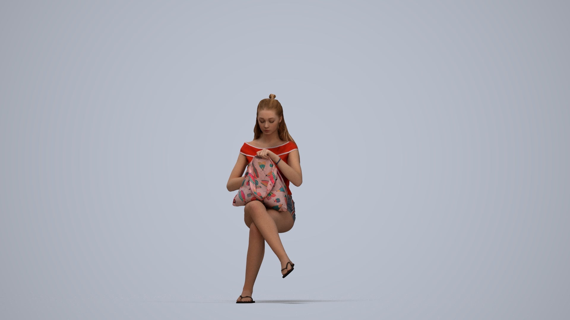 photogrammetry 3D girl casual sitting, realistic human model archviz FBX, top-down view render