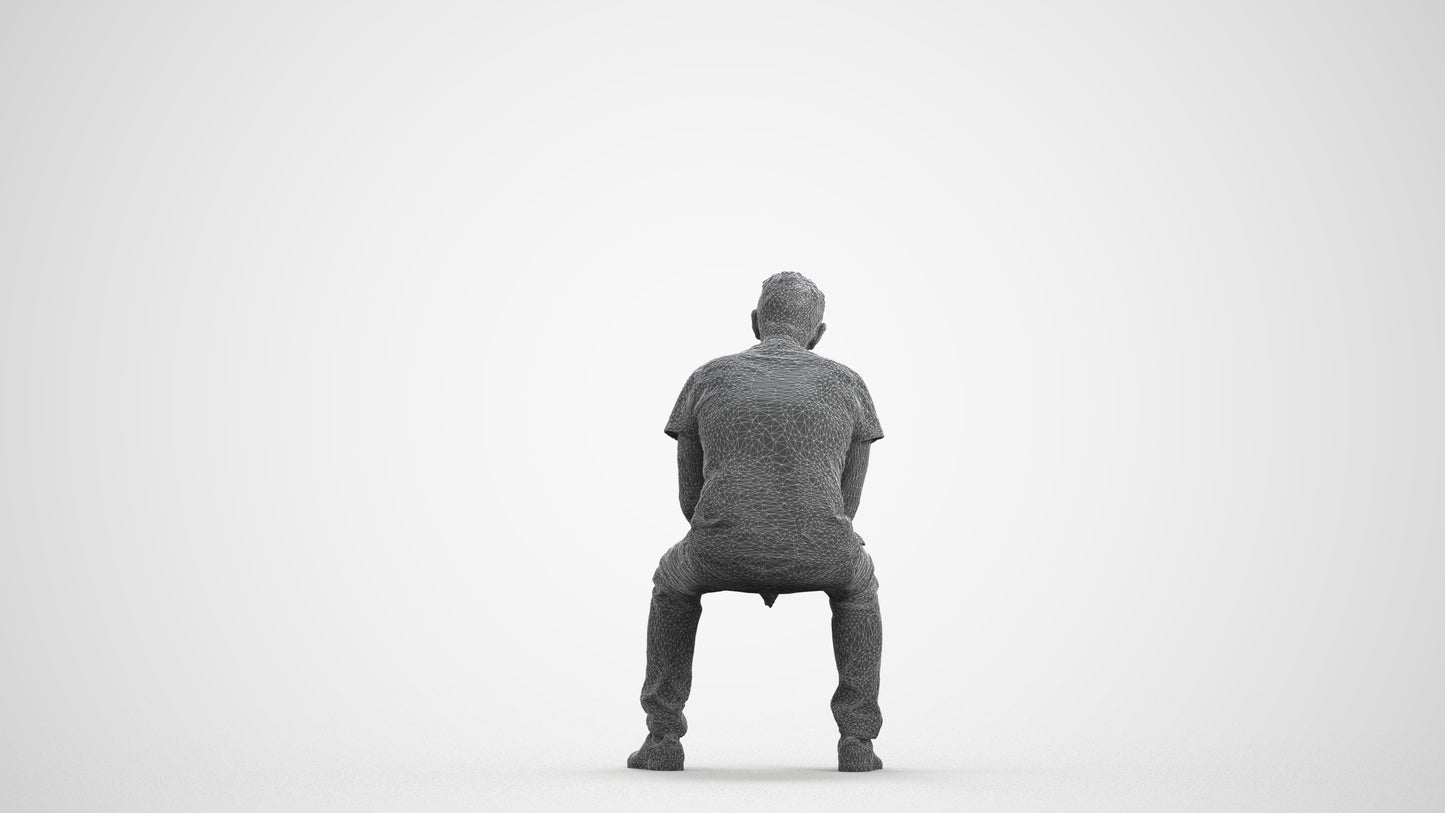 3D people model senior man casual sitting, scanned human for 3ds Max rendering, wireframe front view