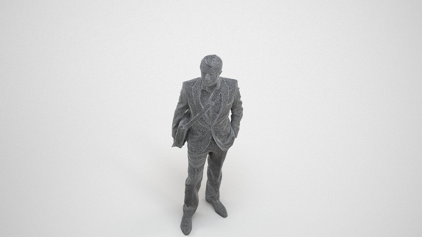 3D human model man business, photogrammetry scanned person for archviz, wireframe three-quarter view