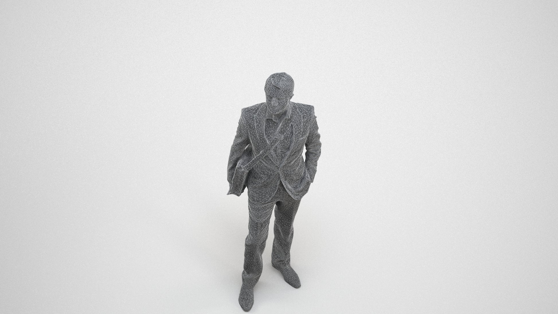 3D human model man business, photogrammetry scanned person for archviz, wireframe three-quarter view