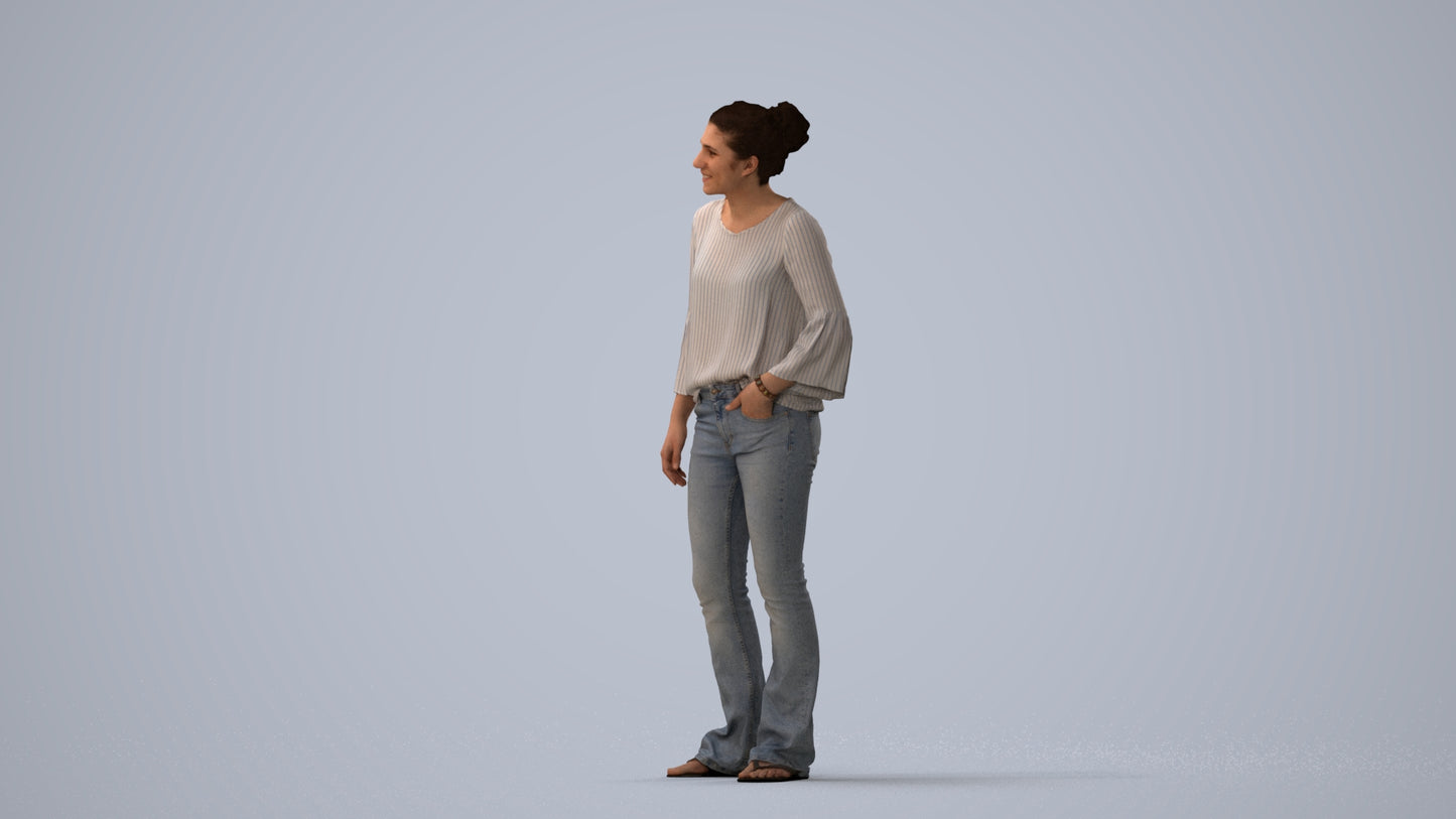 realistic 3D human woman casual standing, archviz people FBX OBJ for Blender, three-quarter view render