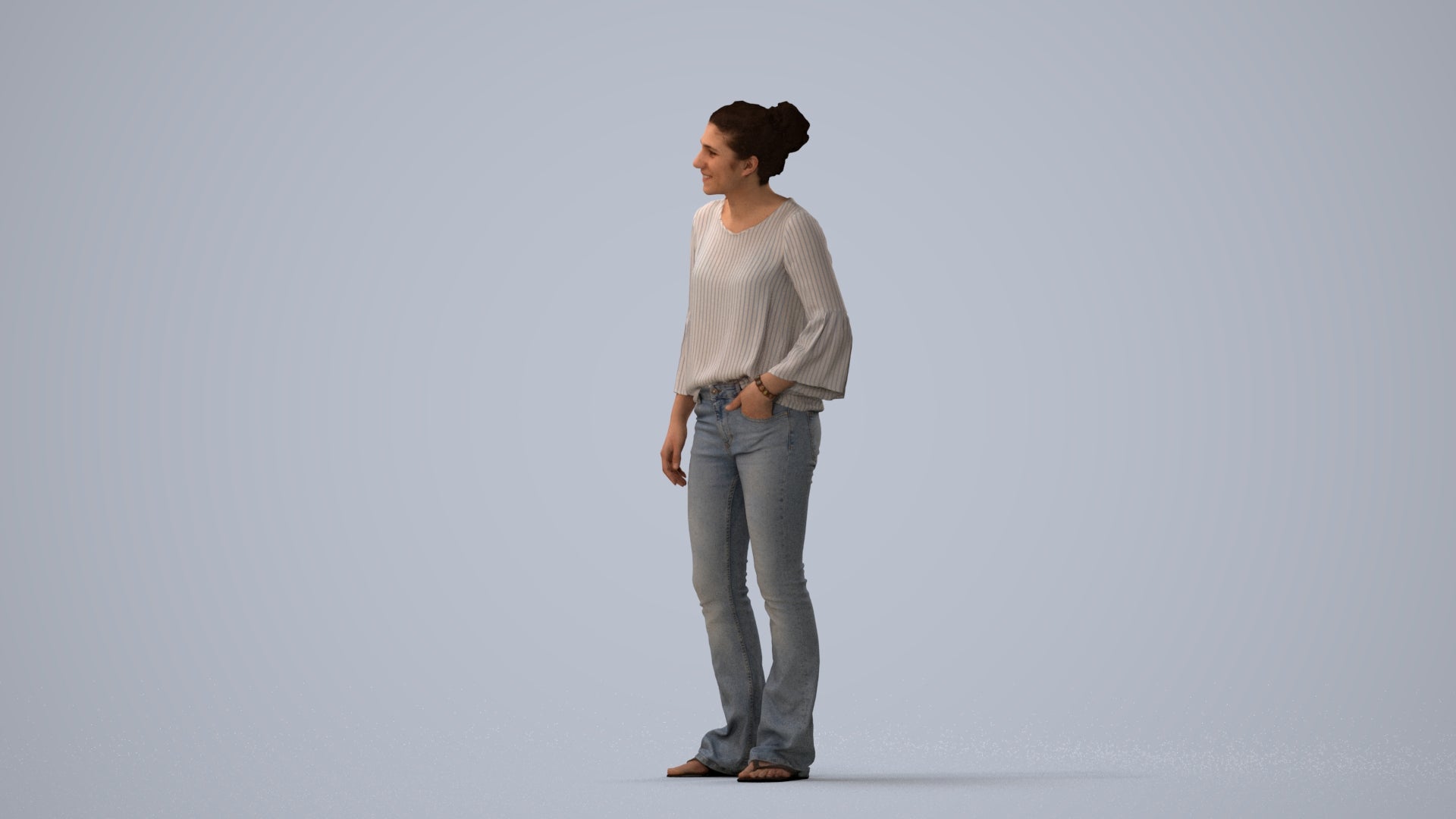 realistic 3D human woman casual standing, archviz people FBX OBJ for Blender, three-quarter view render