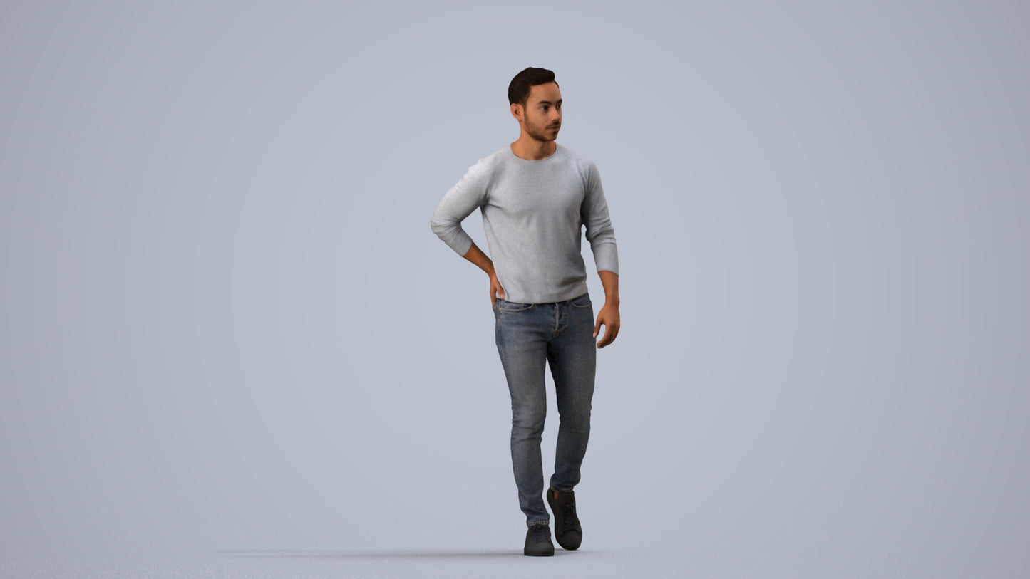 3D human model man casual walking, photogrammetry scanned person for archviz, side view render