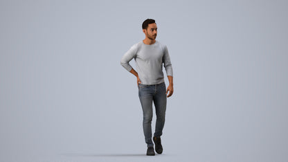 3D human model man casual walking, photogrammetry scanned person for archviz, side view render