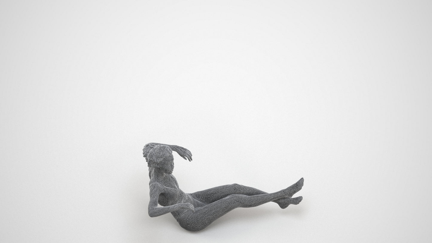 realistic 3D human woman pool, archviz people FBX OBJ for Blender, wireframe three-quarter view