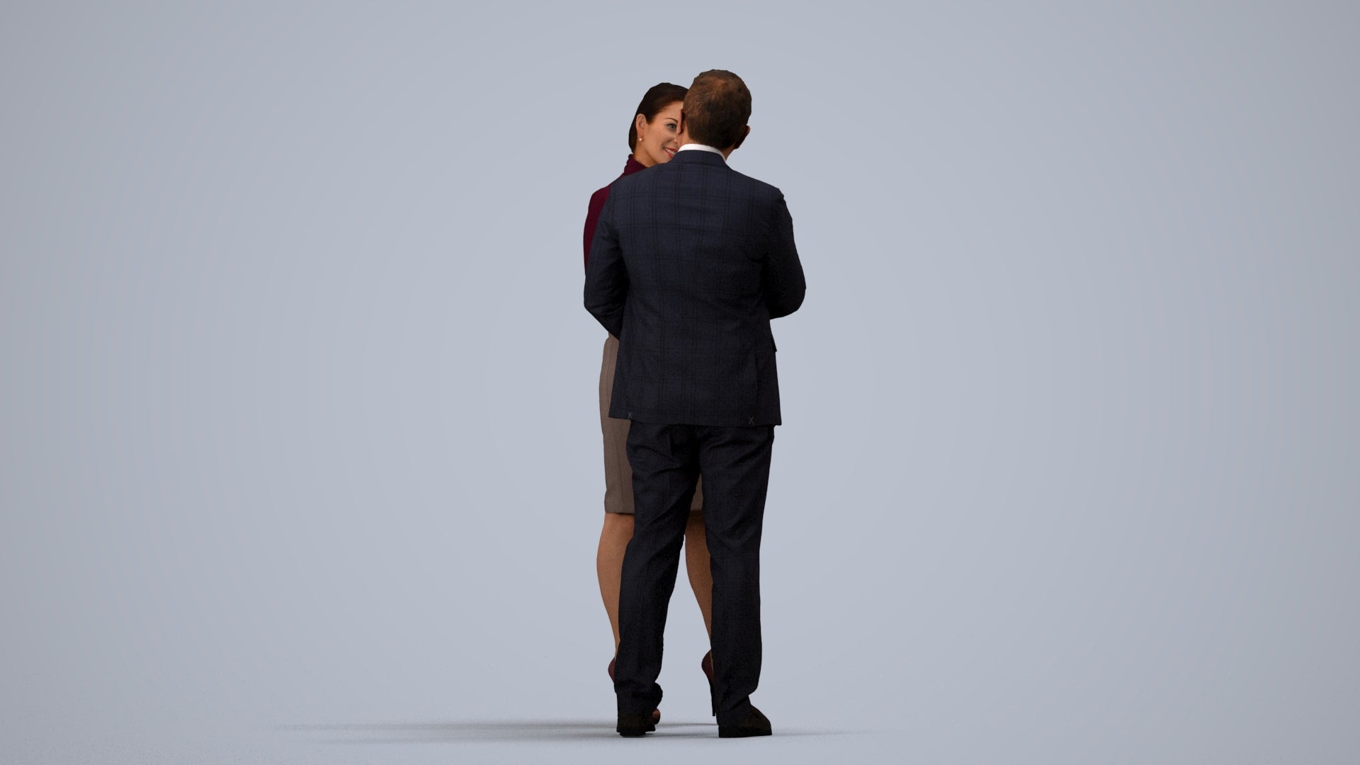3D human model woman business, photogrammetry scanned person for archviz, side view render