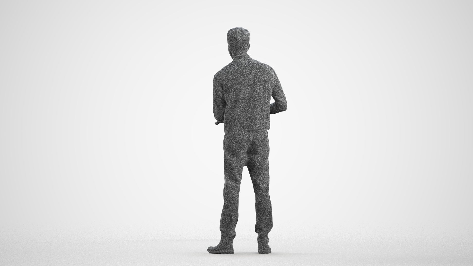 3D human model man hospitality, photogrammetry scanned person for archviz, wireframe front view