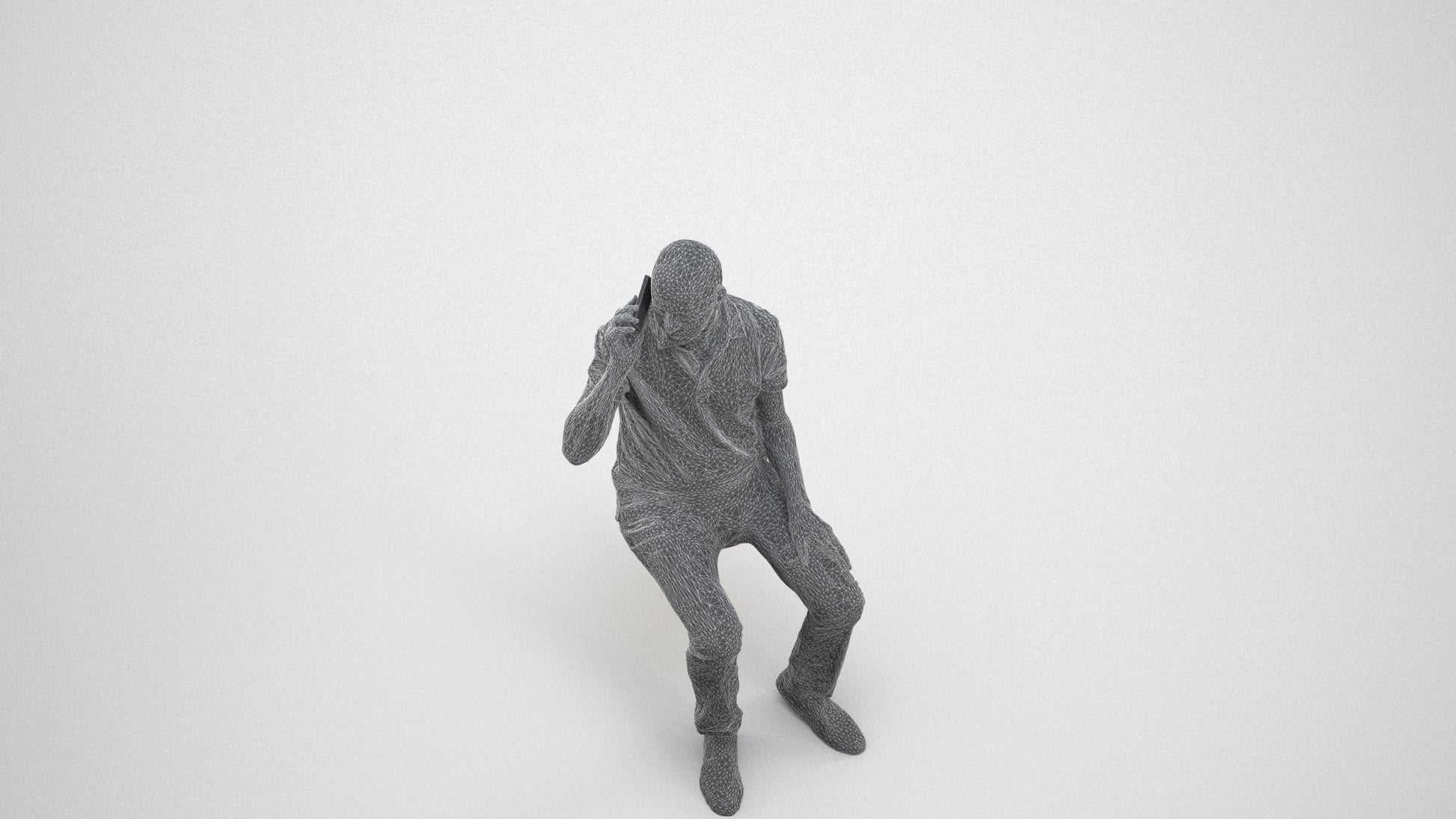 3D scanned senior man sitting casual, photorealistic archviz people for Enscape and SketchUp, wireframe three-quarter view