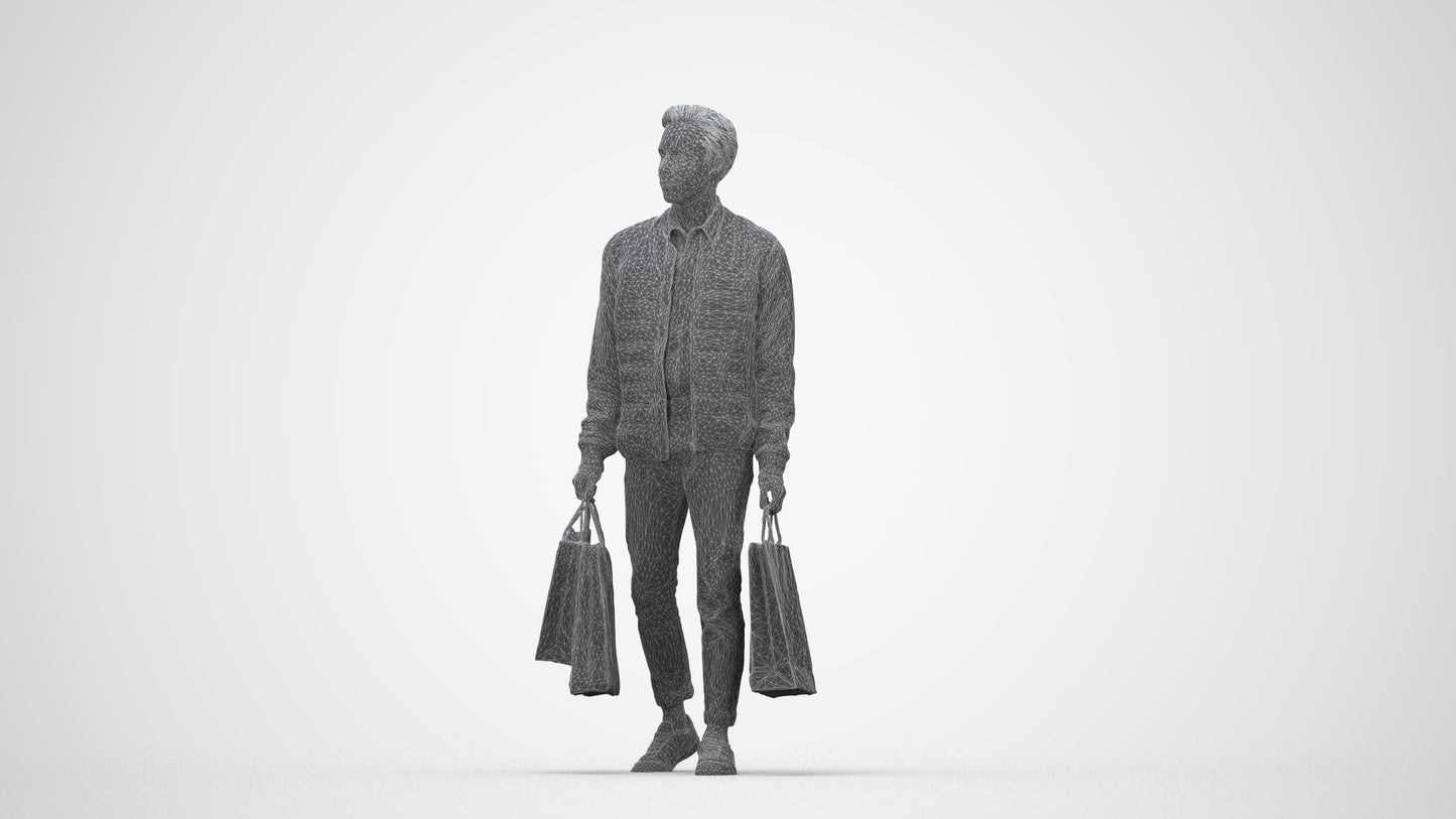 3D human model man casual formal, photogrammetry scanned person for archviz, wireframe back view