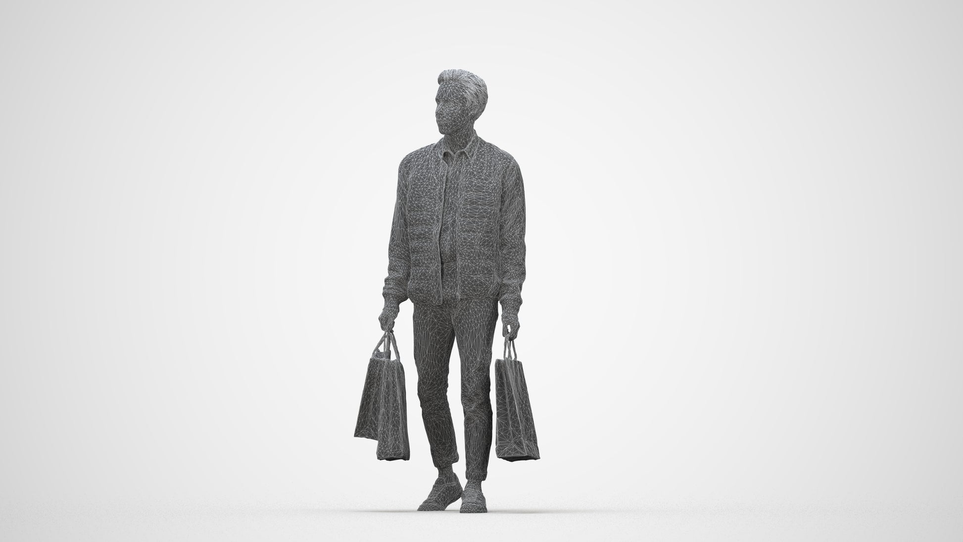3D human model man casual formal, photogrammetry scanned person for archviz, wireframe back view