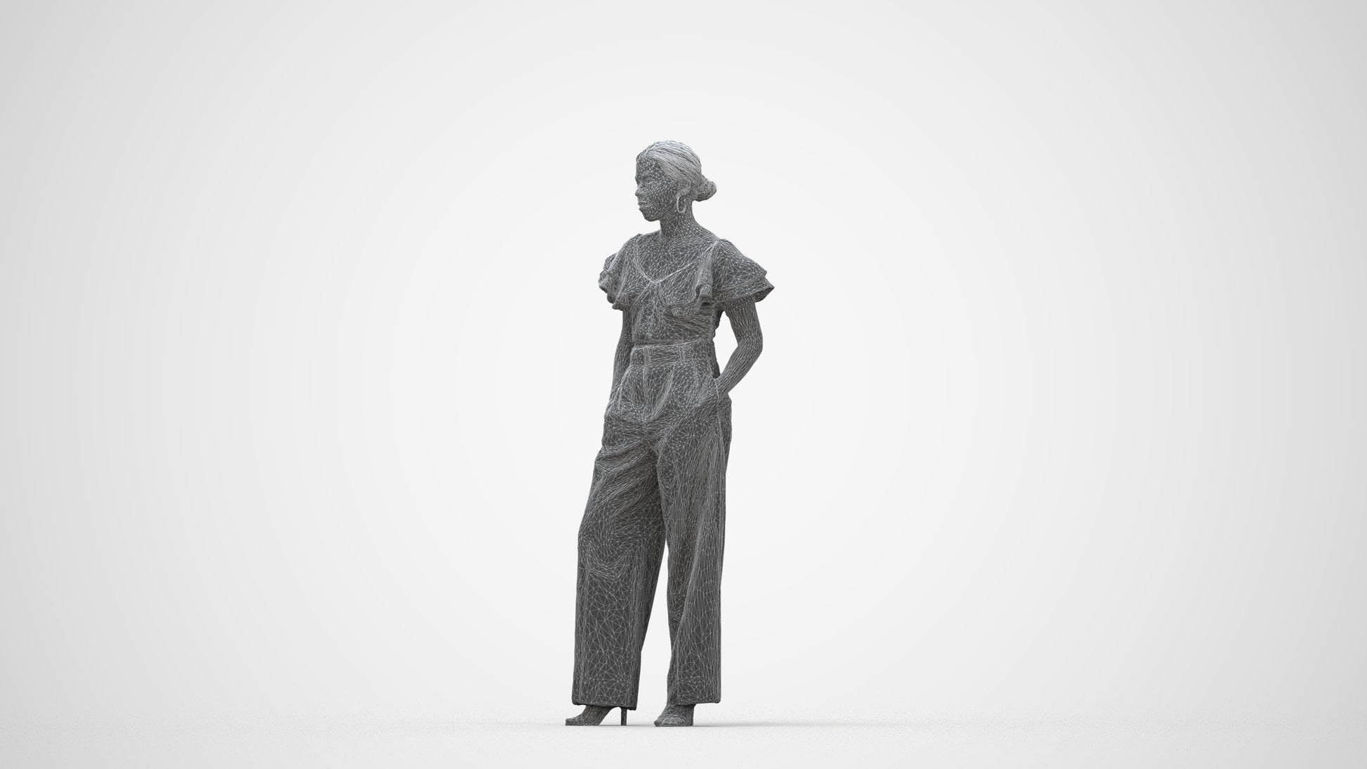 3D scanned woman standing business, photorealistic archviz people for Enscape and SketchUp, wireframe back view