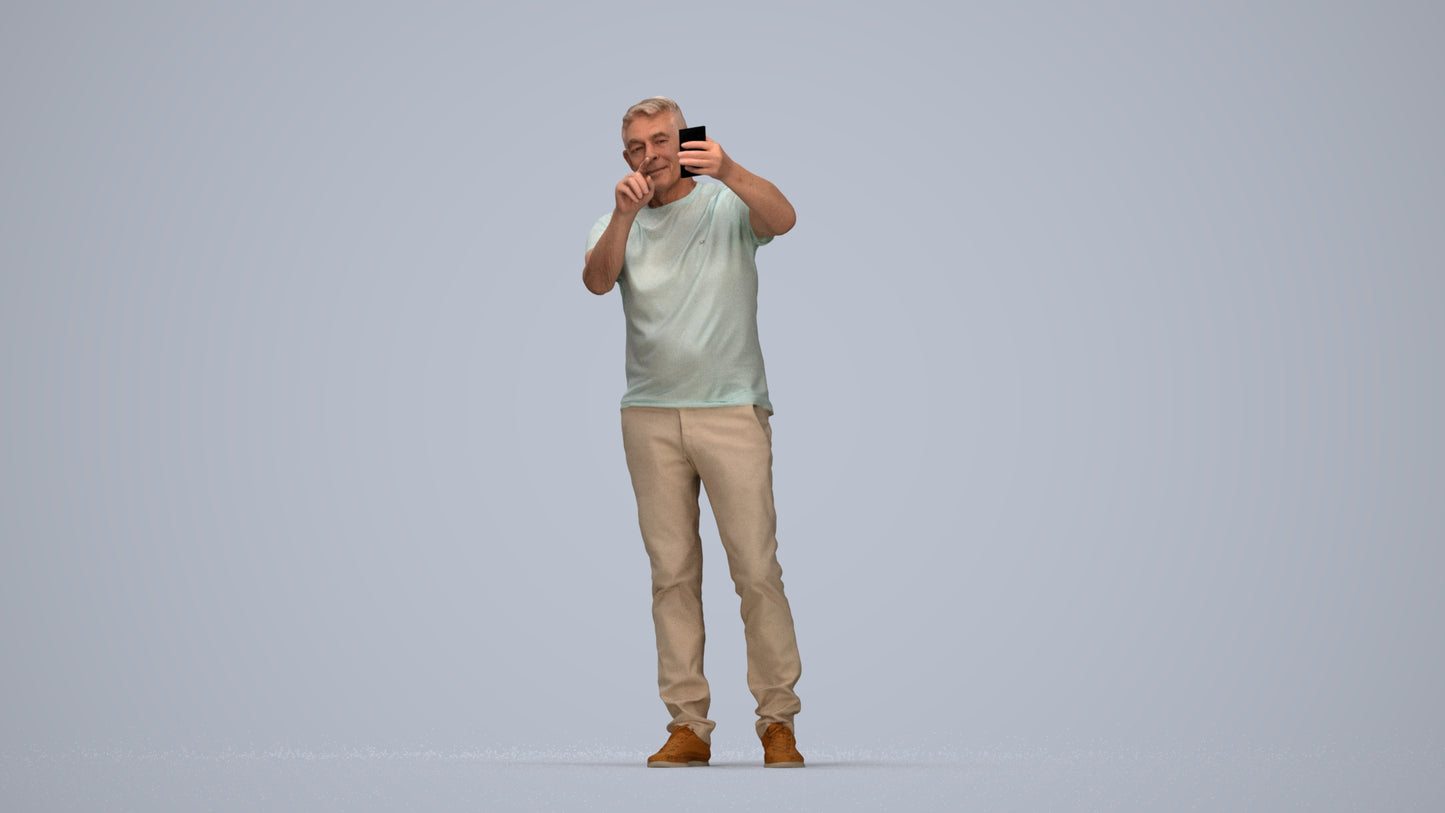 3D human model senior man casual standing, photogrammetry scanned person for archviz, top-down view render