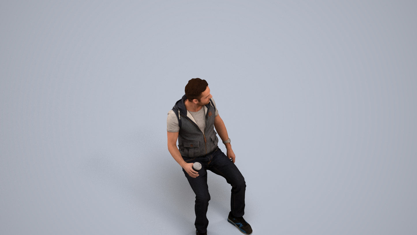 scanned 3D man casual sitting, photogrammetry people for Enscape and V-Ray, back view render
