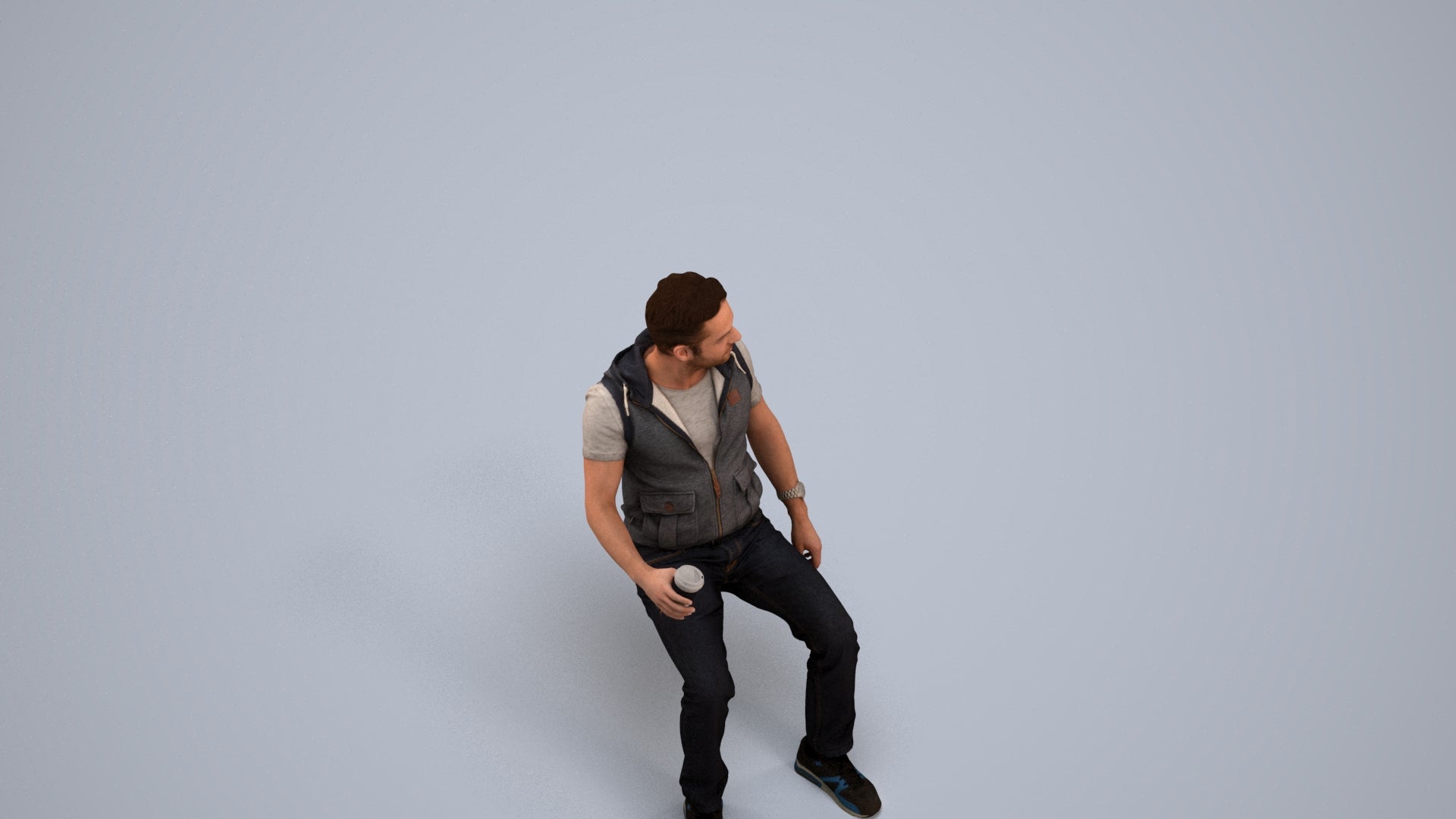 scanned 3D man casual sitting, photogrammetry people for Enscape and V-Ray, back view render
