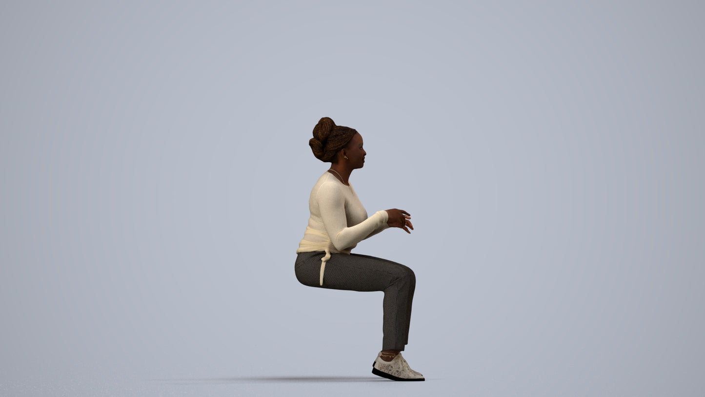 scanned 3D woman casual sitting, photogrammetry people for Enscape and V-Ray, side view render