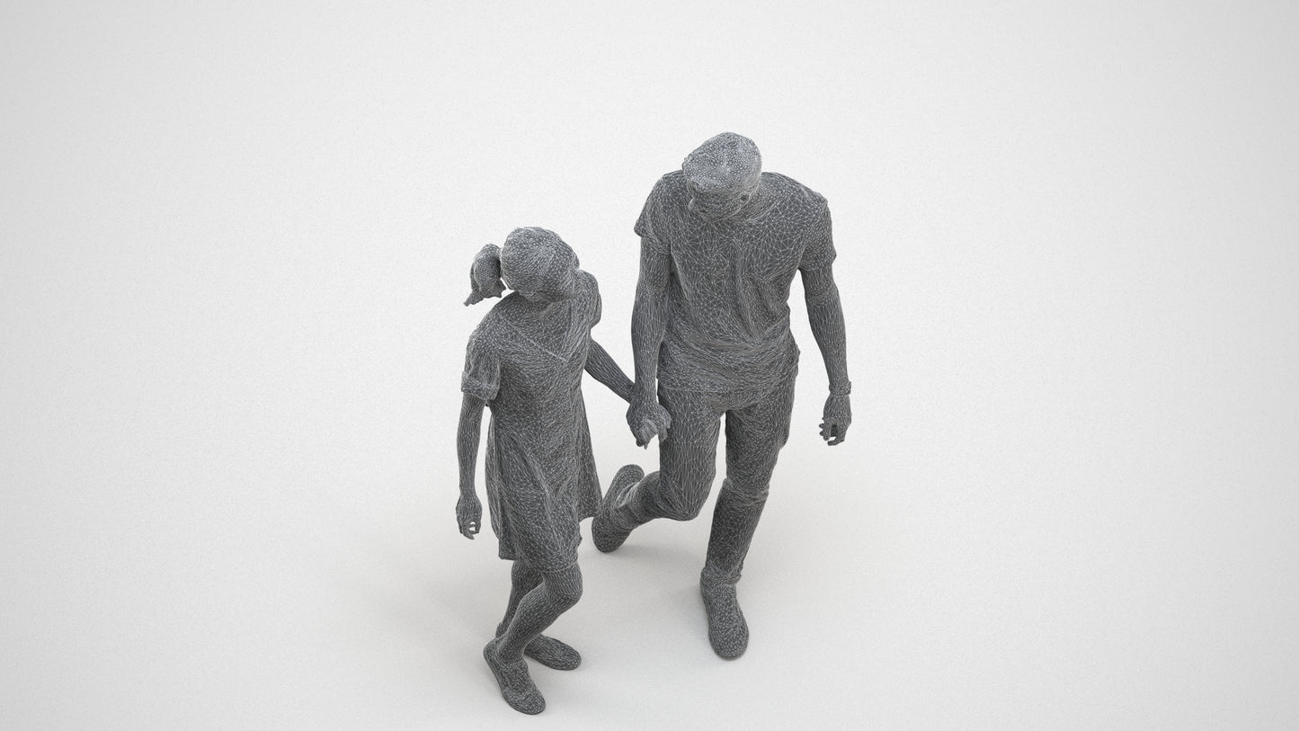 3D people model woman casual couple, scanned human for 3ds Max rendering, wireframe three-quarter view