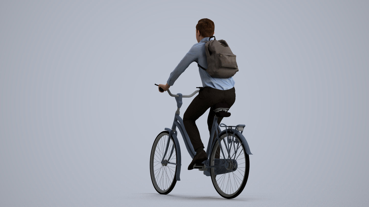 realistic 3D human boy business cycling, archviz people FBX OBJ for Blender, front view render