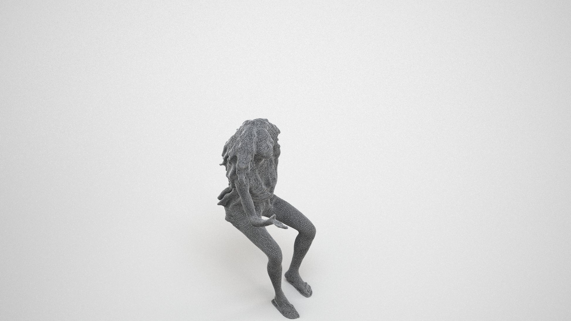 scanned 3D woman casual sitting, photogrammetry people for Enscape and V-Ray, wireframe three-quarter view